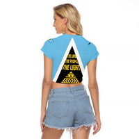 Saint Lucia Tribal Triangle Design Raglan Cropped T Shirt with Flag Colors and The Land The People The Light Quote - Wonder Print Shop