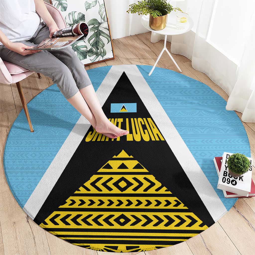 Saint Lucia Tribal Triangle Design Round Carpet with Flag Colors and The Land The People The Light Quote - Wonder Print Shop