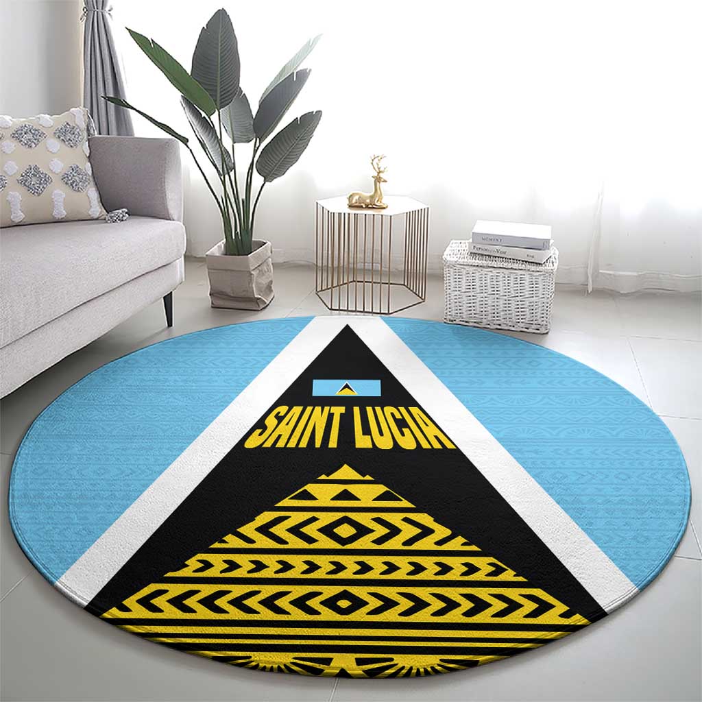Saint Lucia Tribal Triangle Design Round Carpet with Flag Colors and The Land The People The Light Quote - Wonder Print Shop