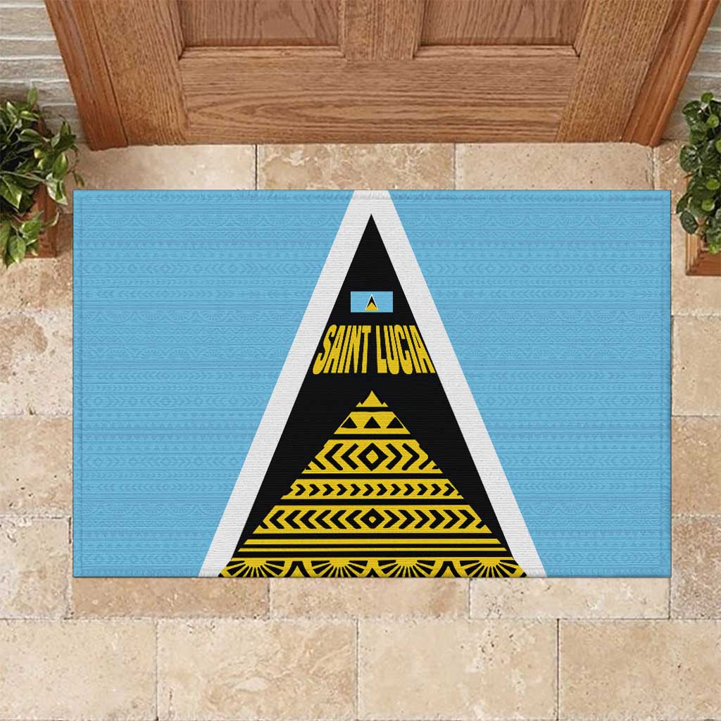 Saint Lucia Tribal Triangle Design Rubber Doormat with Flag Colors and The Land The People The Light Quote - Wonder Print Shop