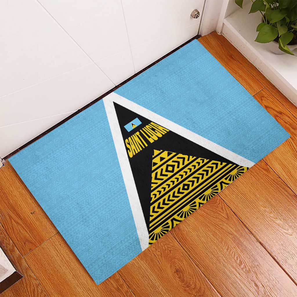 Saint Lucia Tribal Triangle Design Rubber Doormat with Flag Colors and The Land The People The Light Quote - Wonder Print Shop