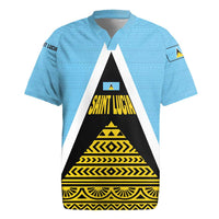 Saint Lucia Tribal Triangle Design Rugby Jersey with Flag Colors and The Land The People The Light Quote - Wonder Print Shop