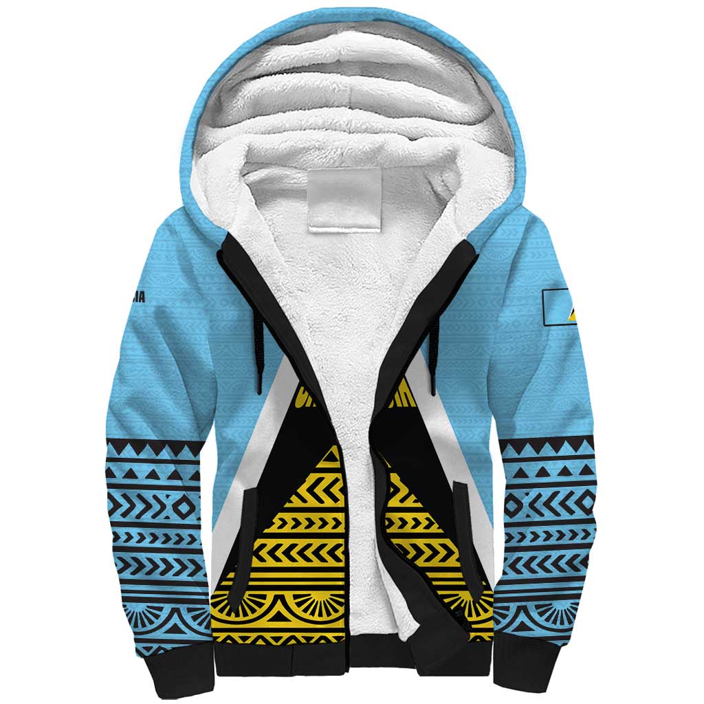 Saint Lucia Tribal Triangle Design Sherpa Hoodie with Flag Colors and The Land The People The Light Quote - Wonder Print Shop
