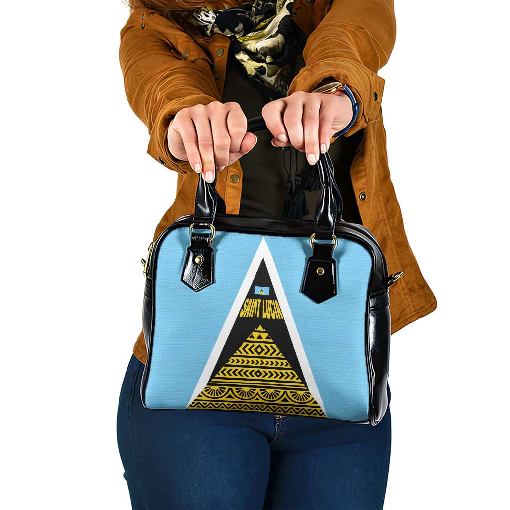 Saint Lucia Tribal Triangle Design Shoulder Handbag with Flag Colors and The Land The People The Light Quote - Wonder Print Shop