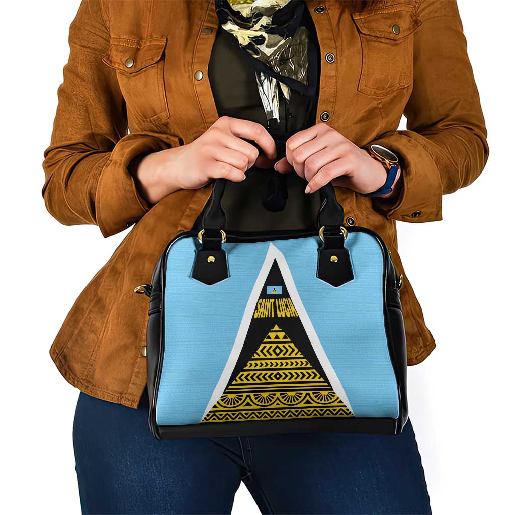 Saint Lucia Tribal Triangle Design Shoulder Handbag with Flag Colors and The Land The People The Light Quote - Wonder Print Shop