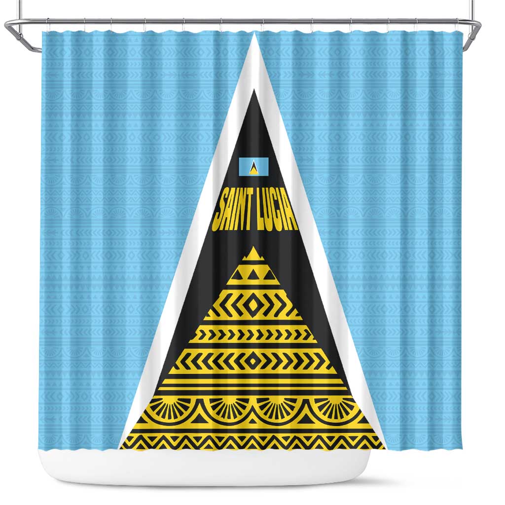 Saint Lucia Tribal Triangle Design Shower Curtain with Flag Colors and The Land The People The Light Quote - Wonder Print Shop