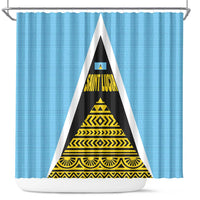 Saint Lucia Tribal Triangle Design Shower Curtain with Flag Colors and The Land The People The Light Quote - Wonder Print Shop