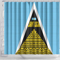Saint Lucia Tribal Triangle Design Shower Curtain with Flag Colors and The Land The People The Light Quote - Wonder Print Shop