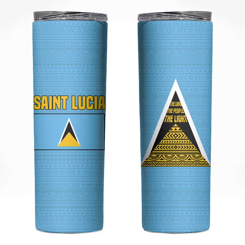 Saint Lucia Tribal Triangle Design Skinny Tumbler with Flag Colors and The Land The People The Light Quote - Wonder Print Shop