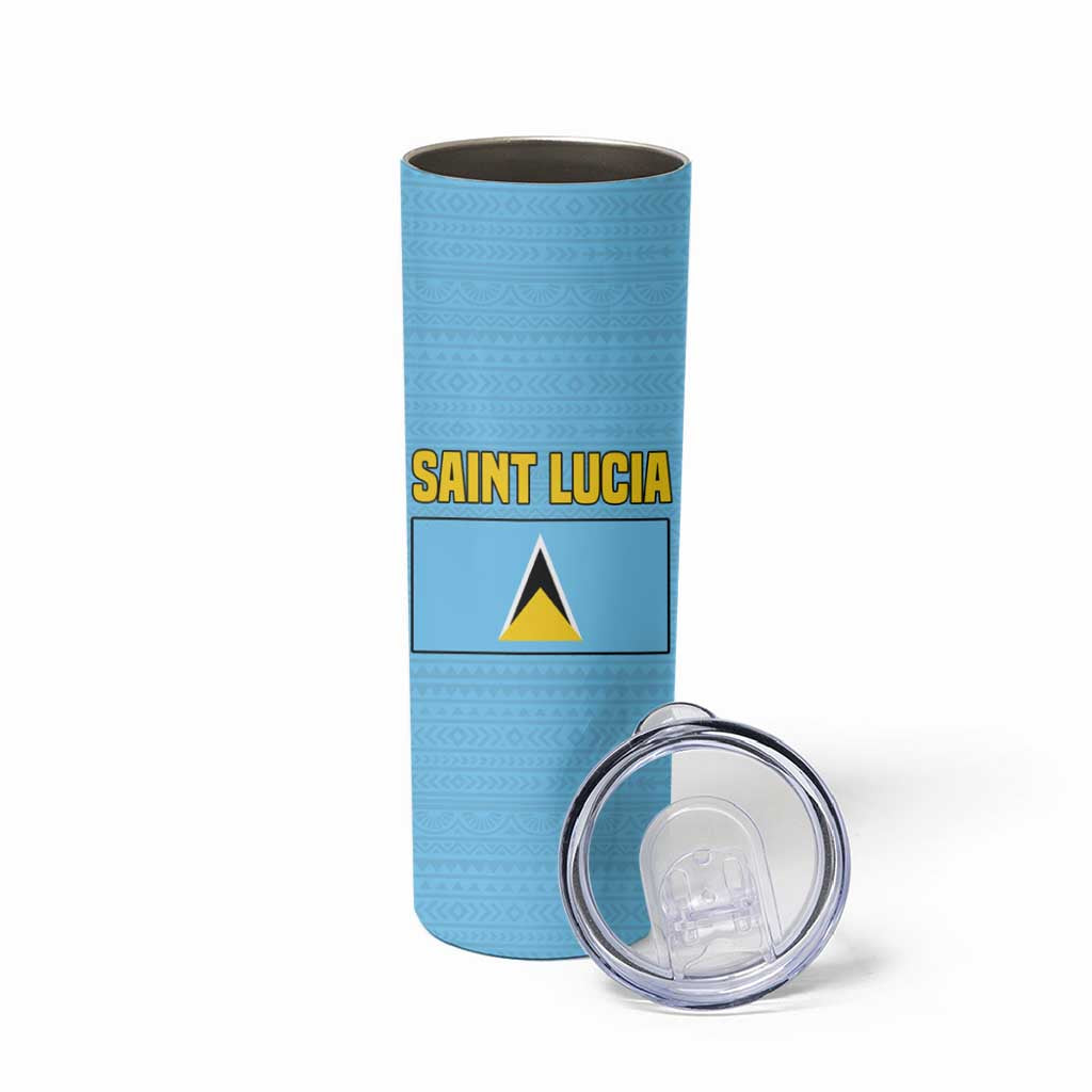 Saint Lucia Tribal Triangle Design Skinny Tumbler with Flag Colors and The Land The People The Light Quote - Wonder Print Shop