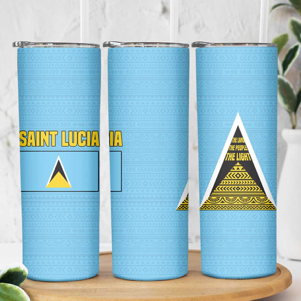 Saint Lucia Tribal Triangle Design Skinny Tumbler with Flag Colors and The Land The People The Light Quote - Wonder Print Shop