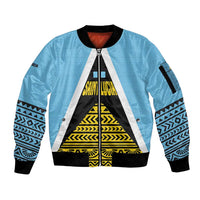 Saint Lucia Tribal Triangle Design Sleeve Zip Bomber Jacket with Flag Colors and The Land The People The Light Quote - Wonder Print Shop