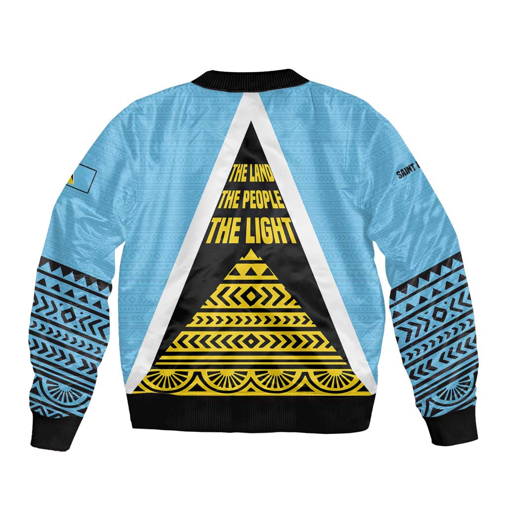 Saint Lucia Tribal Triangle Design Sleeve Zip Bomber Jacket with Flag Colors and The Land The People The Light Quote - Wonder Print Shop
