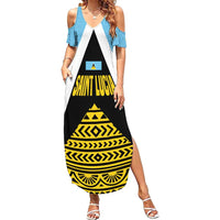 Saint Lucia Tribal Triangle Design Summer Maxi Dress with Flag Colors and The Land The People The Light Quote - Wonder Print Shop