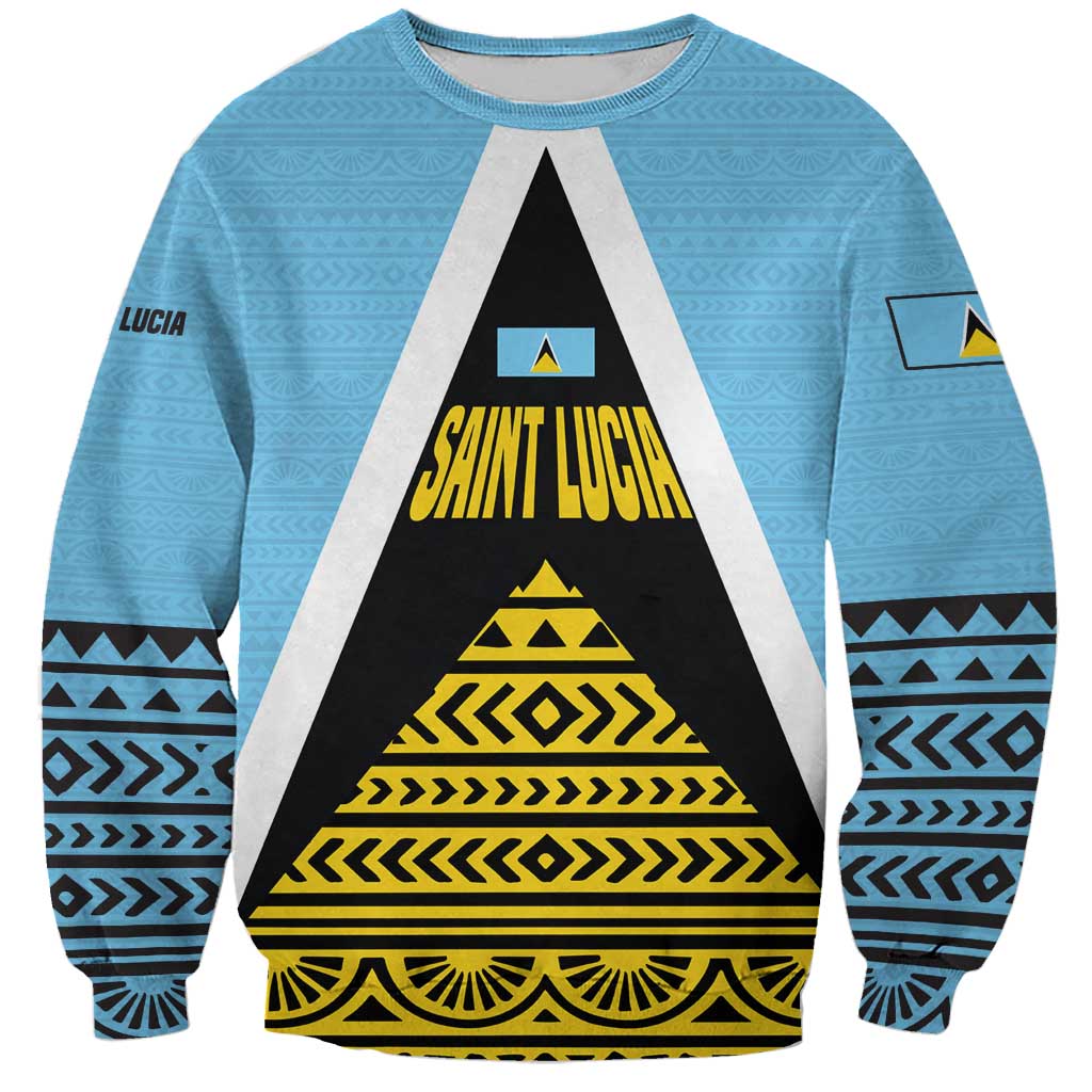 Saint Lucia Tribal Triangle Design Sweatshirt with Flag Colors and The Land The People The Light Quote - Wonder Print Shop