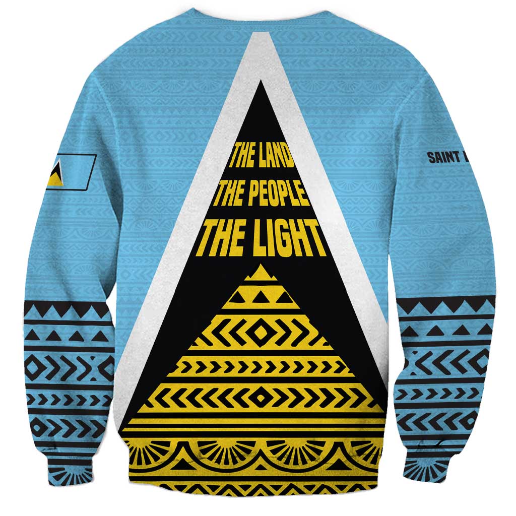 Saint Lucia Tribal Triangle Design Sweatshirt with Flag Colors and The Land The People The Light Quote - Wonder Print Shop