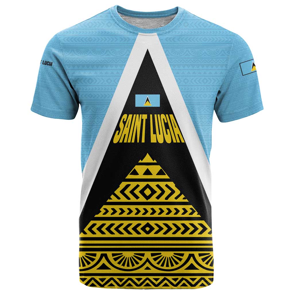 Saint Lucia Tribal Triangle Design T Shirt with Flag Colors and The Land The People The Light Quote - Wonder Print Shop