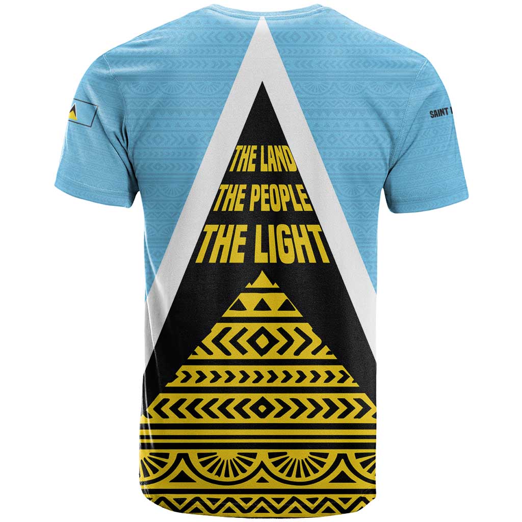 Saint Lucia Tribal Triangle Design T Shirt with Flag Colors and The Land The People The Light Quote - Wonder Print Shop
