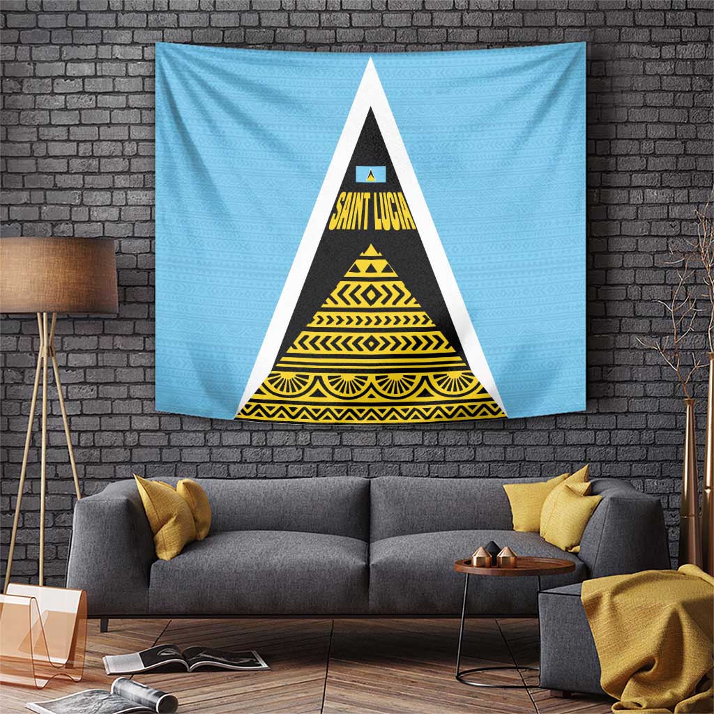Saint Lucia Tribal Triangle Design Tapestry with Flag Colors and The Land The People The Light Quote - Wonder Print Shop