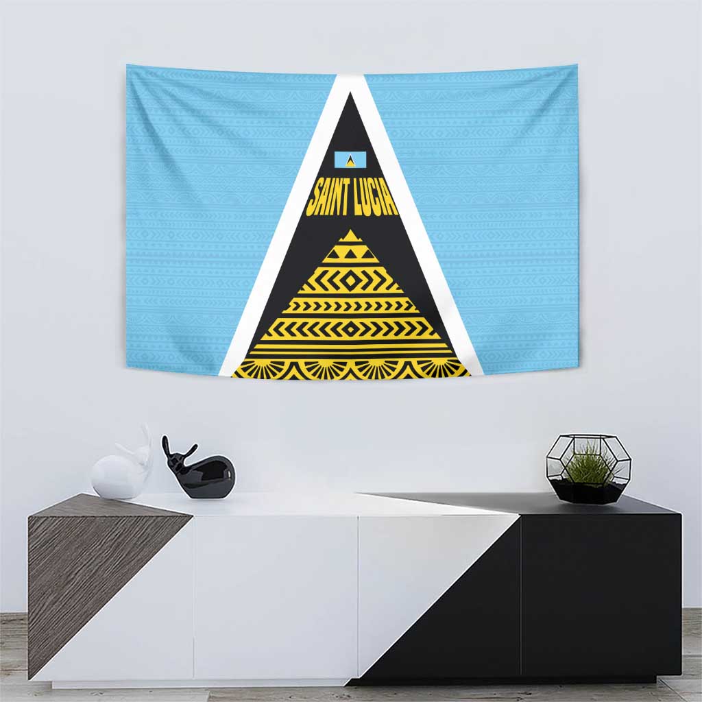 Saint Lucia Tribal Triangle Design Tapestry with Flag Colors and The Land The People The Light Quote - Wonder Print Shop