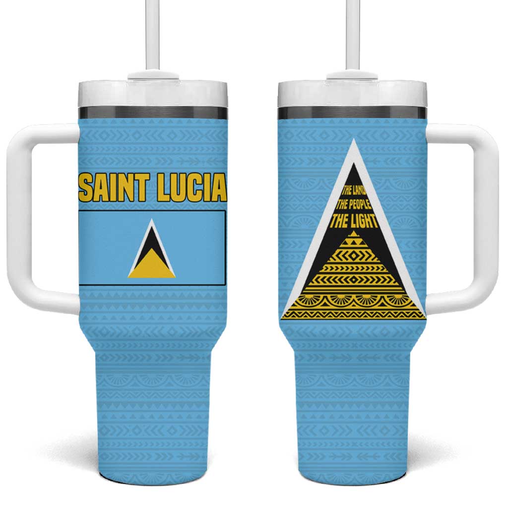 Saint Lucia Tribal Triangle Design Tumbler With Handle with Flag Colors and The Land The People The Light Quote - Wonder Print Shop