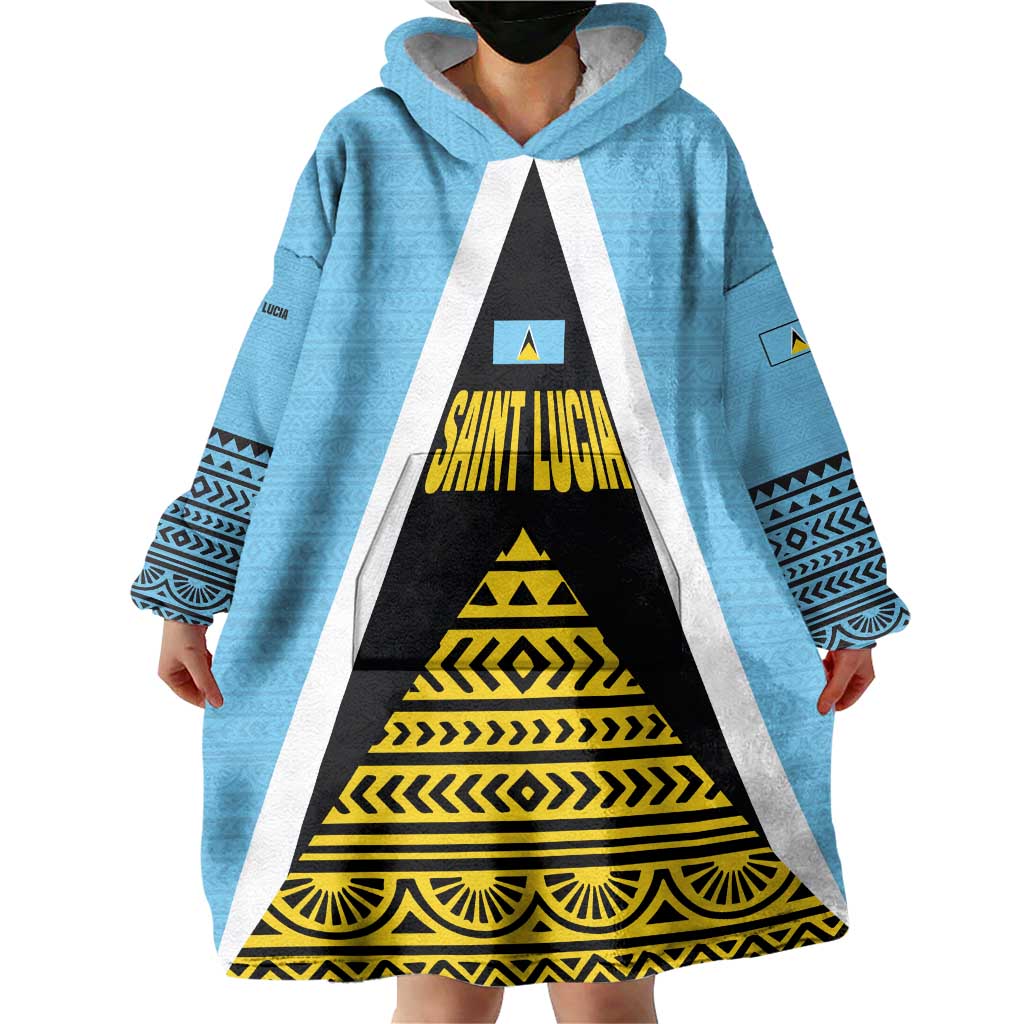 Saint Lucia Tribal Triangle Design Wearable Blanket Hoodie with Flag Colors and The Land The People The Light Quote - Wonder Print Shop