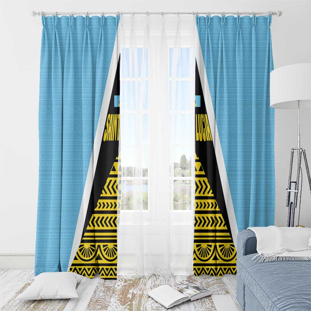Saint Lucia Tribal Triangle Design Window Curtain with Flag Colors and The Land The People The Light Quote - Wonder Print Shop