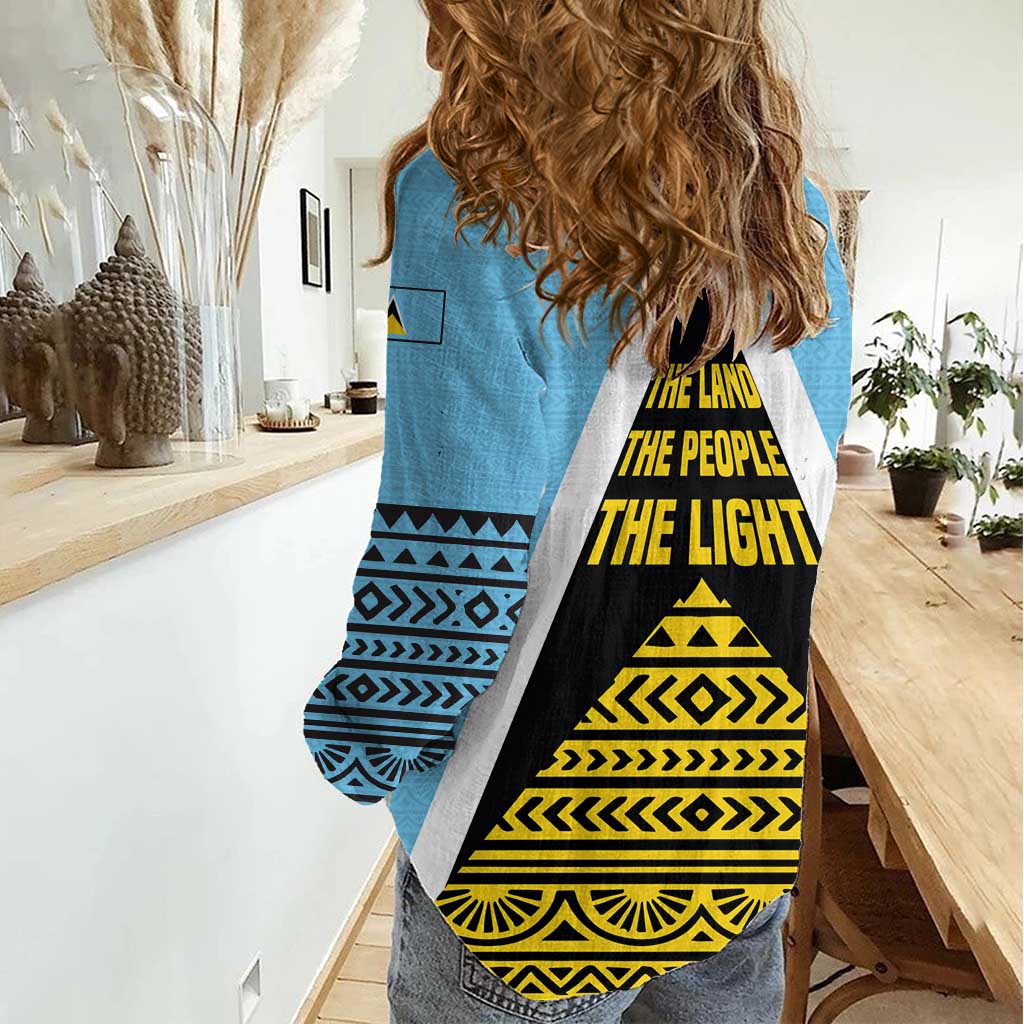 Saint Lucia Tribal Triangle Design Women Casual Shirt with Flag Colors and The Land The People The Light Quote - Wonder Print Shop