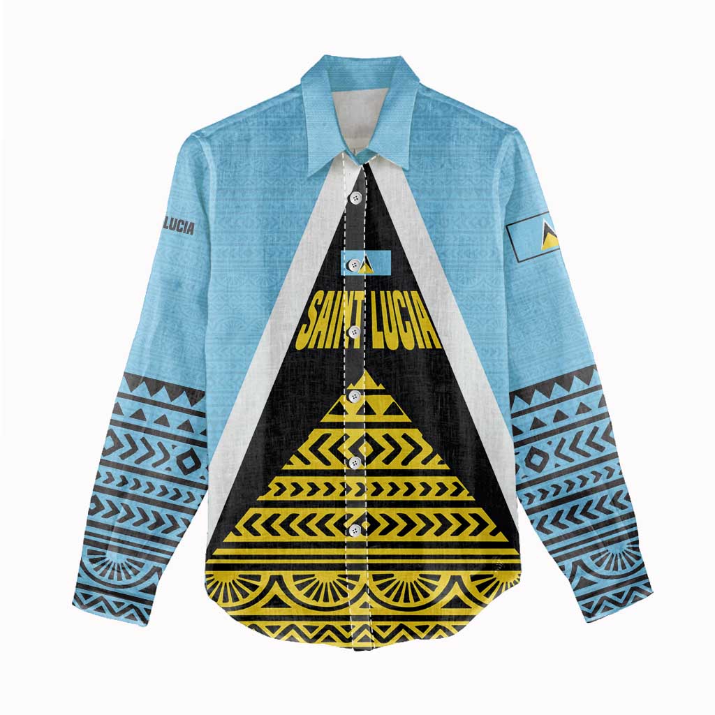 Saint Lucia Tribal Triangle Design Women Casual Shirt with Flag Colors and The Land The People The Light Quote - Wonder Print Shop