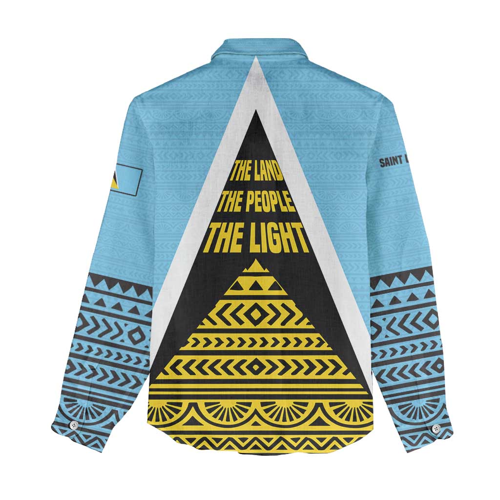 Saint Lucia Tribal Triangle Design Women Casual Shirt with Flag Colors and The Land The People The Light Quote - Wonder Print Shop