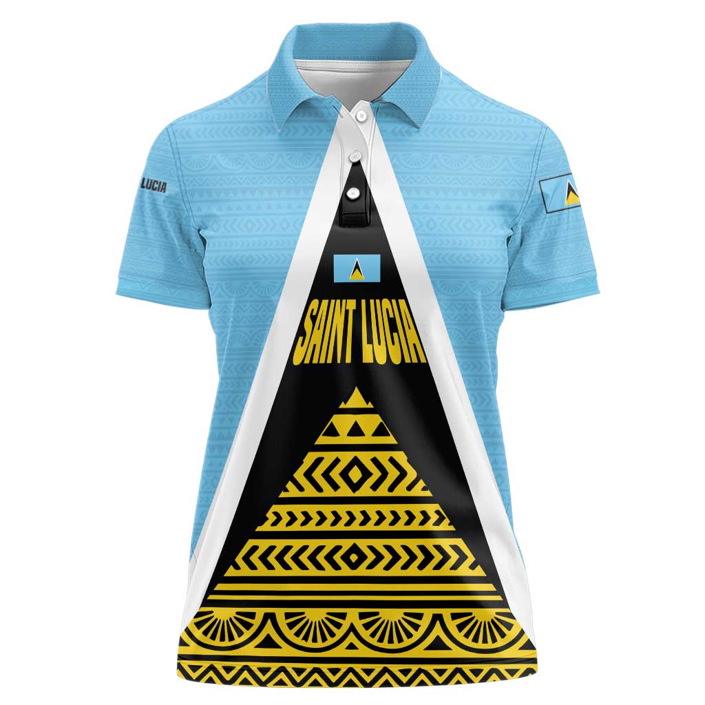 Saint Lucia Tribal Triangle Design Women Polo Shirt with Flag Colors and The Land The People The Light Quote - Wonder Print Shop