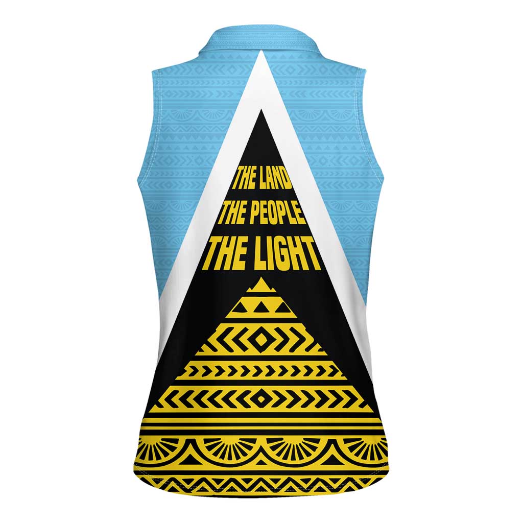 Saint Lucia Tribal Triangle Design Women Sleeveless Polo Shirt with Flag Colors and The Land The People The Light Quote - Wonder Print Shop