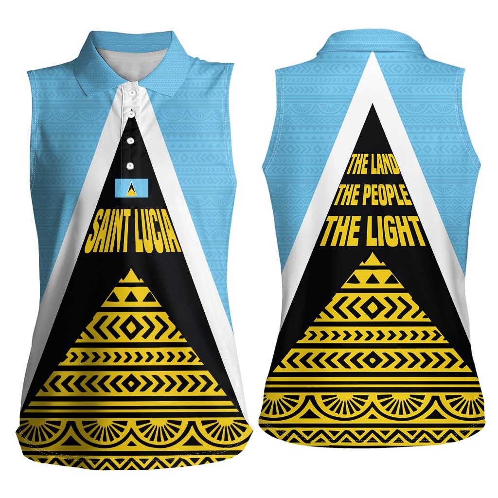 Saint Lucia Tribal Triangle Design Women Sleeveless Polo Shirt with Flag Colors and The Land The People The Light Quote - Wonder Print Shop