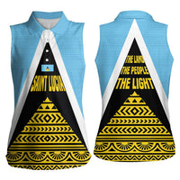 Saint Lucia Tribal Triangle Design Women Sleeveless Polo Shirt with Flag Colors and The Land The People The Light Quote - Wonder Print Shop