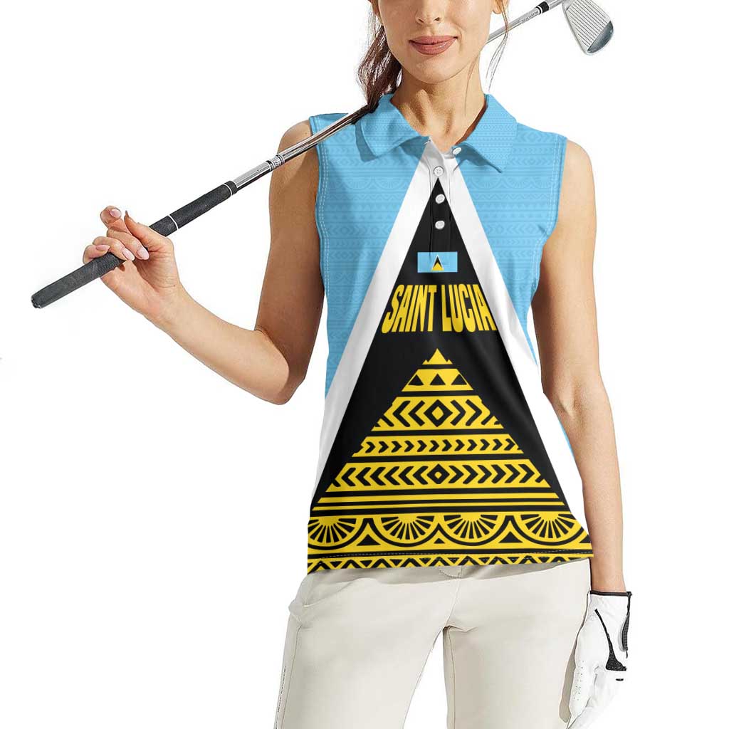 Saint Lucia Tribal Triangle Design Women Sleeveless Polo Shirt with Flag Colors and The Land The People The Light Quote - Wonder Print Shop