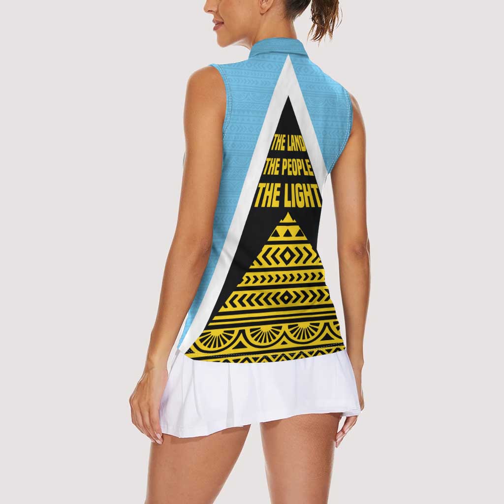 Saint Lucia Tribal Triangle Design Women Sleeveless Polo Shirt with Flag Colors and The Land The People The Light Quote - Wonder Print Shop