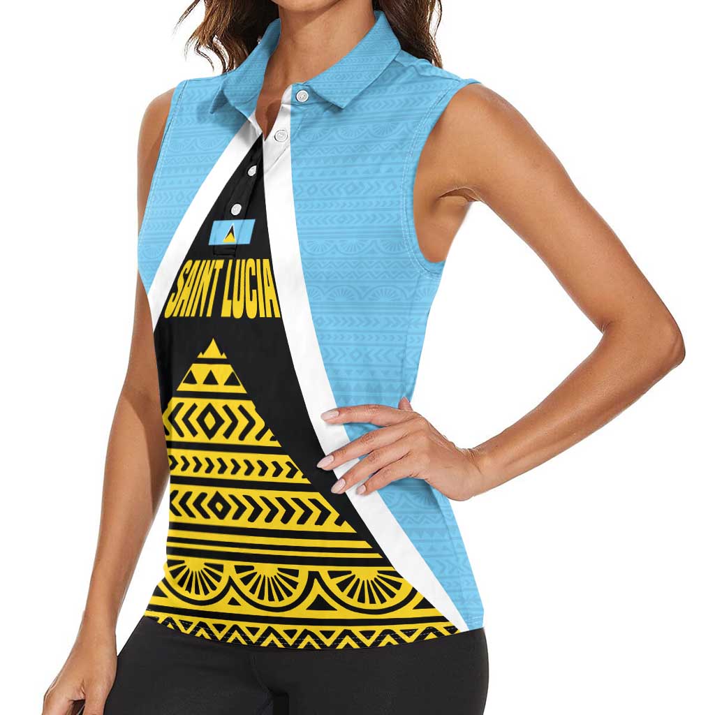 Saint Lucia Tribal Triangle Design Women Sleeveless Polo Shirt with Flag Colors and The Land The People The Light Quote - Wonder Print Shop