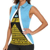 Saint Lucia Tribal Triangle Design Women Sleeveless Polo Shirt with Flag Colors and The Land The People The Light Quote - Wonder Print Shop