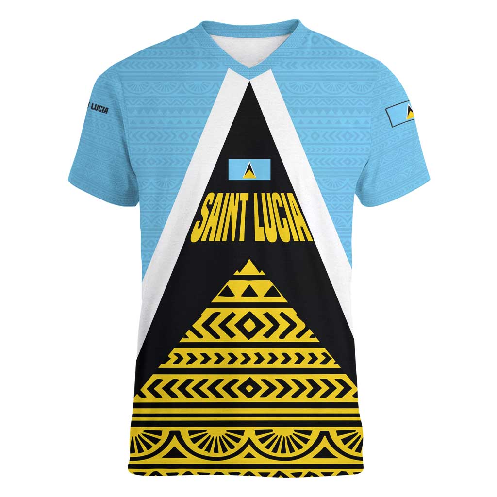 Saint Lucia Tribal Triangle Design Women V-Neck T-Shirt with Flag Colors and The Land The People The Light Quote - Wonder Print Shop