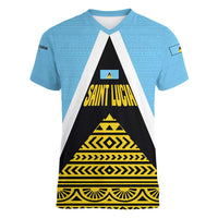Saint Lucia Tribal Triangle Design Women V-Neck T-Shirt with Flag Colors and The Land The People The Light Quote - Wonder Print Shop
