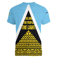 Saint Lucia Tribal Triangle Design Women V-Neck T-Shirt with Flag Colors and The Land The People The Light Quote - Wonder Print Shop