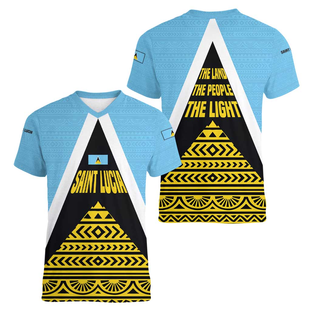 Saint Lucia Tribal Triangle Design Women V-Neck T-Shirt with Flag Colors and The Land The People The Light Quote - Wonder Print Shop