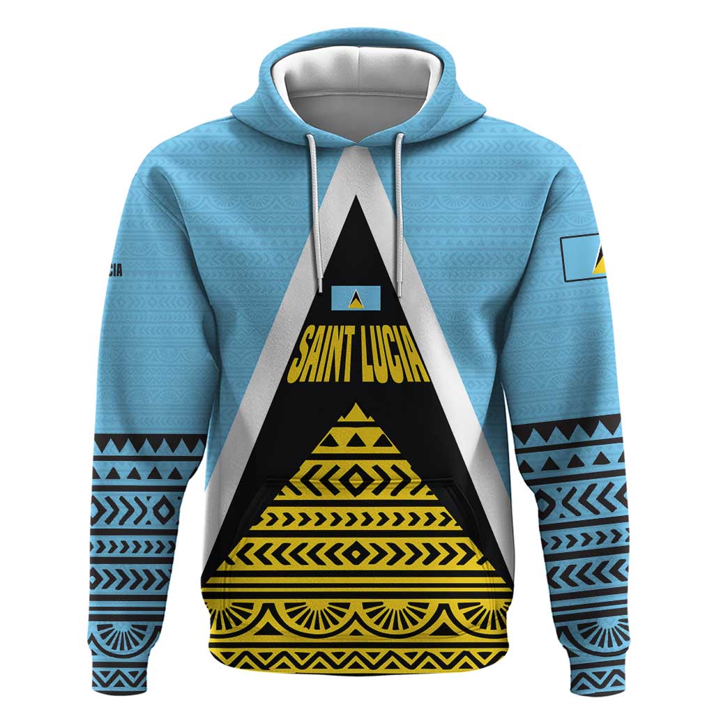 Saint Lucia Tribal Triangle Design Zip Hoodie with Flag Colors and The Land The People The Light Quote - Wonder Print Shop