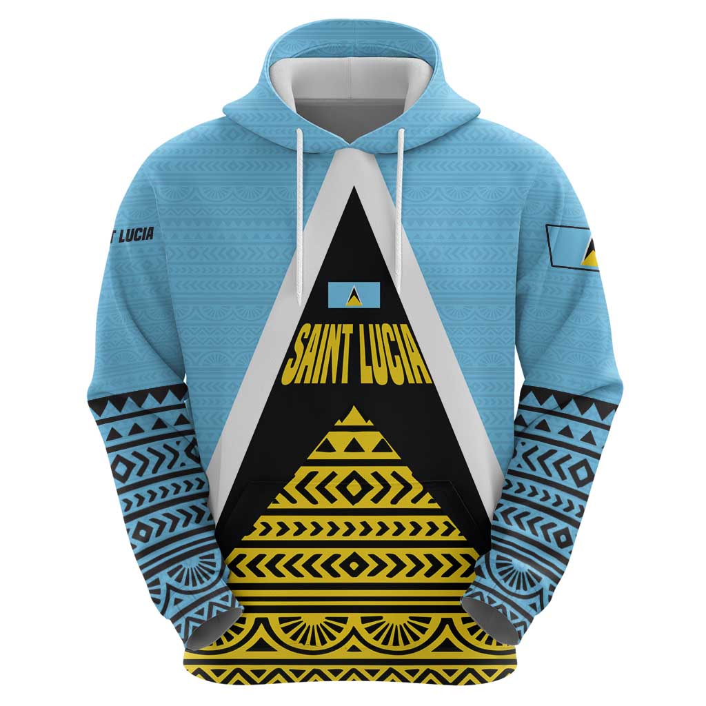 Saint Lucia Tribal Triangle Design Zip Hoodie with Flag Colors and The Land The People The Light Quote - Wonder Print Shop