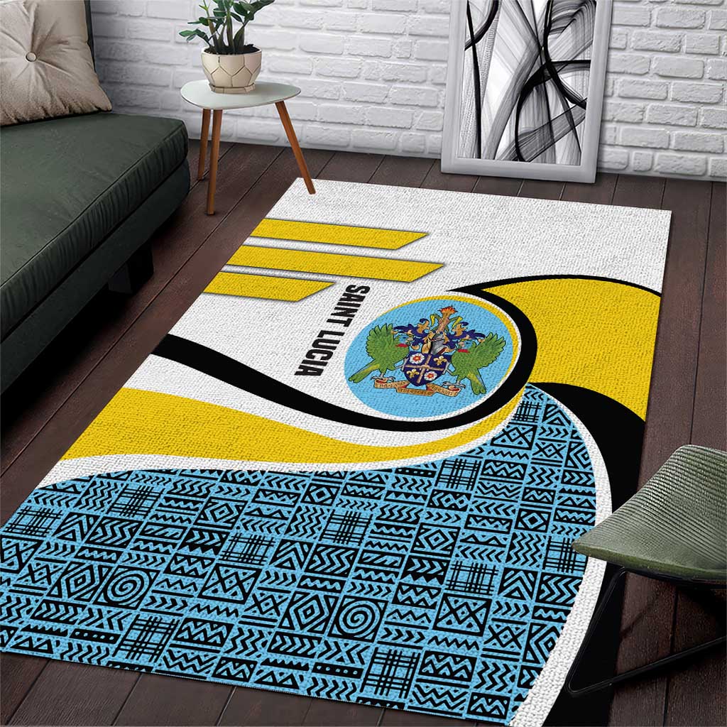 Saint Lucia Modern Tribal Crest Design Area Rug with Flag Colors and Bold Text Layout - Wonder Print Shop