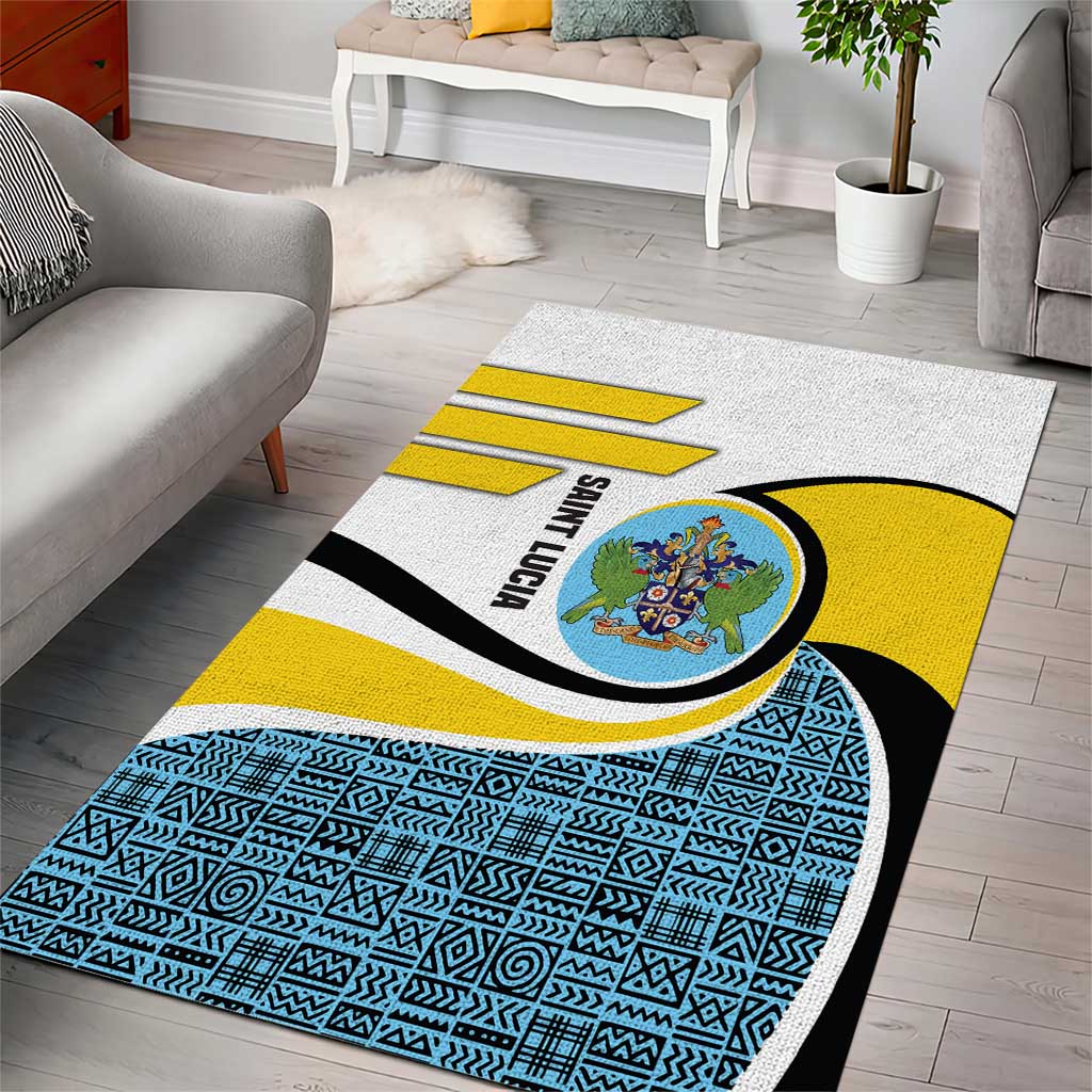 Saint Lucia Modern Tribal Crest Design Area Rug with Flag Colors and Bold Text Layout - Wonder Print Shop