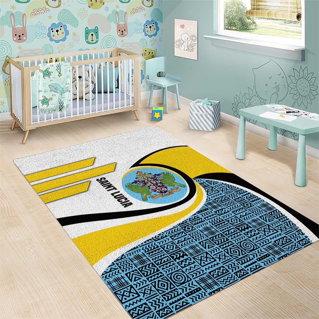 Saint Lucia Modern Tribal Crest Design Area Rug with Flag Colors and Bold Text Layout - Wonder Print Shop