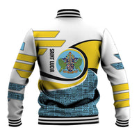 Saint Lucia Modern Tribal Crest Design Baseball Jacket with Flag Colors and Bold Text Layout - Wonder Print Shop