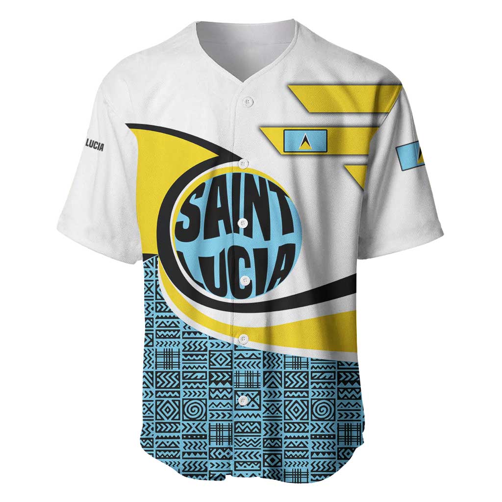 Saint Lucia Modern Tribal Crest Design Baseball Jersey with Flag Colors and Bold Text Layout - Wonder Print Shop
