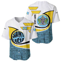Saint Lucia Modern Tribal Crest Design Baseball Jersey with Flag Colors and Bold Text Layout - Wonder Print Shop